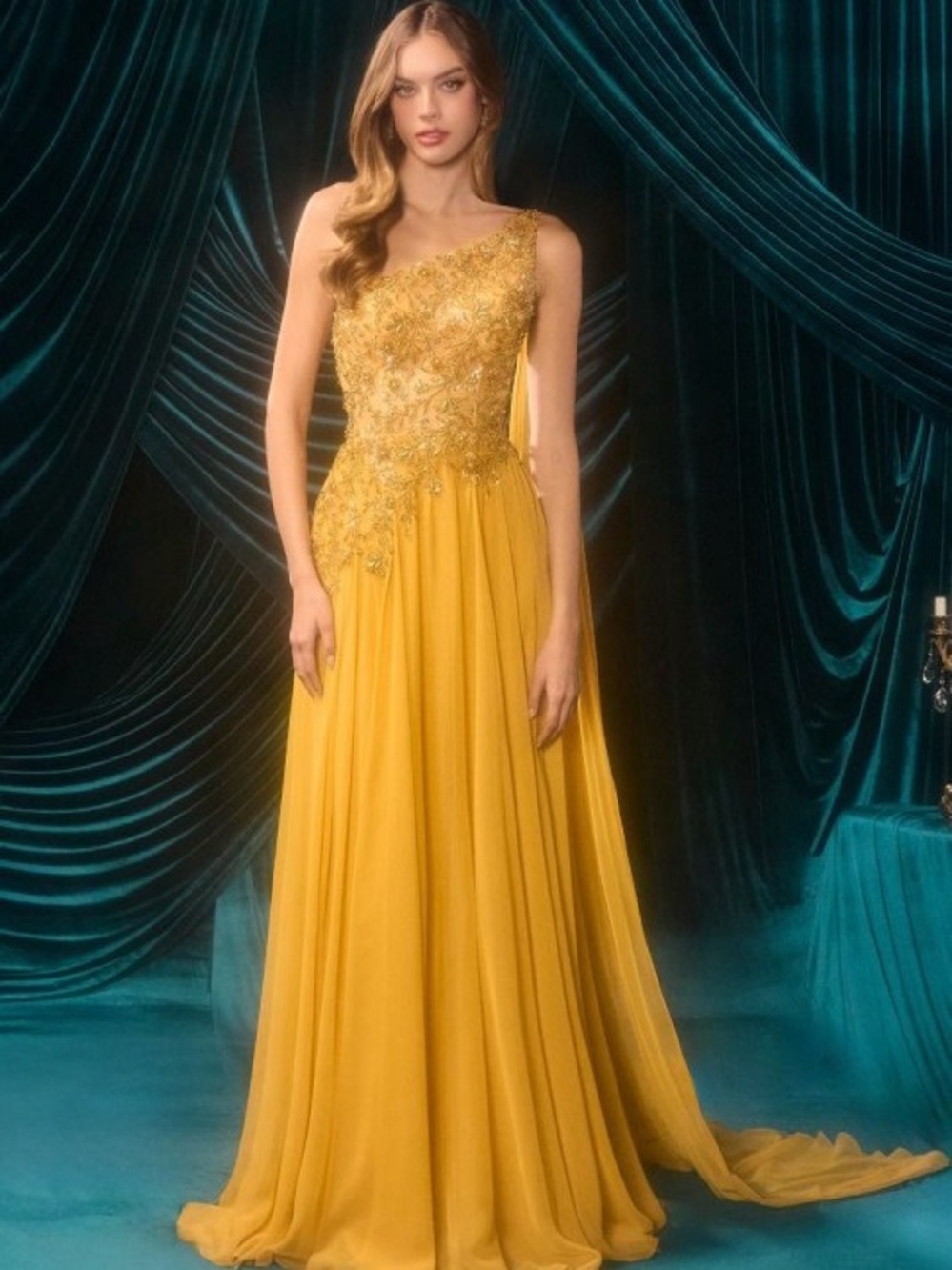 One-Shoulder Gold Evening Gown with Embroidered Bodice